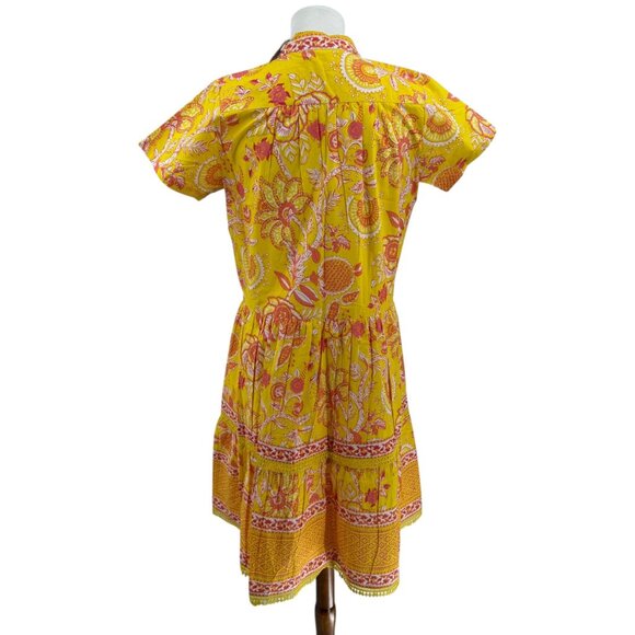 La Plage S Yellow Coral Floral Block Print Dress Short Sleeve, 100% Cotton - Picture 2 of 12